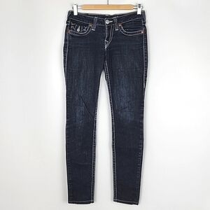 True Religion Women's  Denim Skinny Dark Wash Blue Jeans White Stitch Size 27